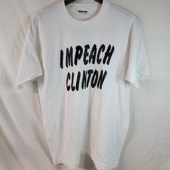 Vtg IMPEACH CLINTON 1990's Political Single Stitch White T-Shirt XL PreOwned - Picture 1 of 14